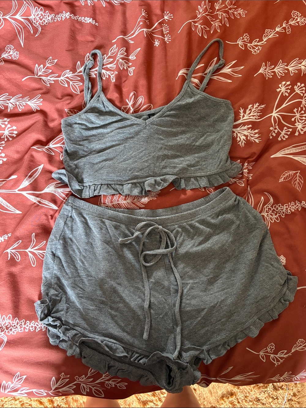 Zaful Heather Gray Ruffle Cami & Drawstring Shorts Sleep Set